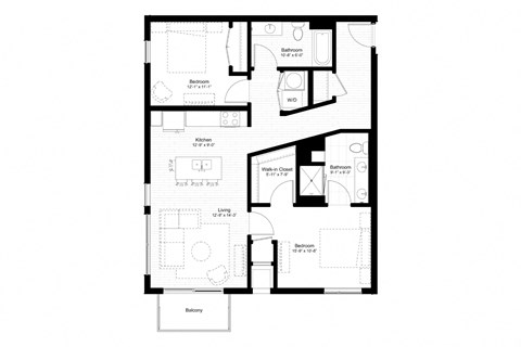 Floor plan for 2 beds, 2 baths, 1072 sqft